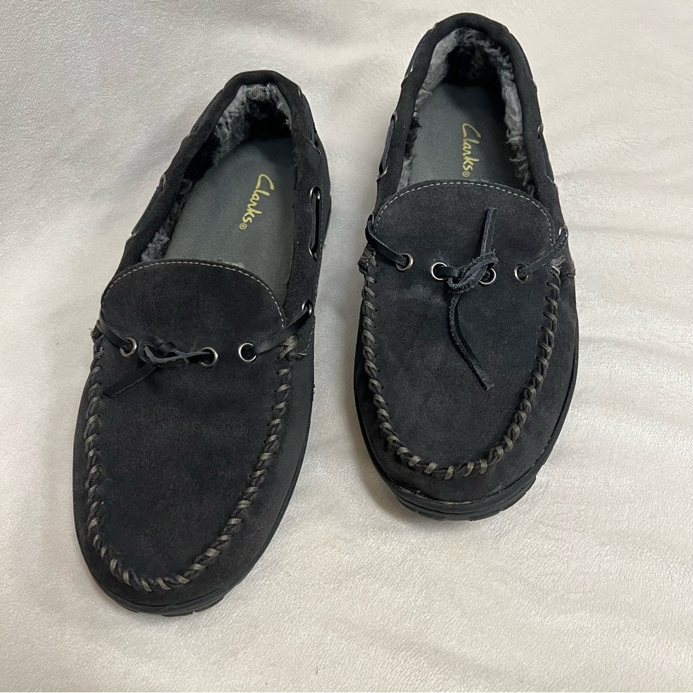 Clarks Moccasin Gray Men's Size 9 Upper Leather Slip On  Fur Lined Suede - Picture 2 of 11